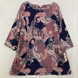 New Charter Club size 3X Navy Purple Paisley 3/4 Sleeve Pockets Stretch Tunic